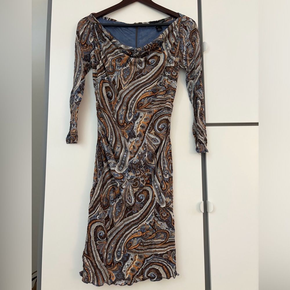Paisley Long Sleeve Midi Dress in Brown and Blue Tones